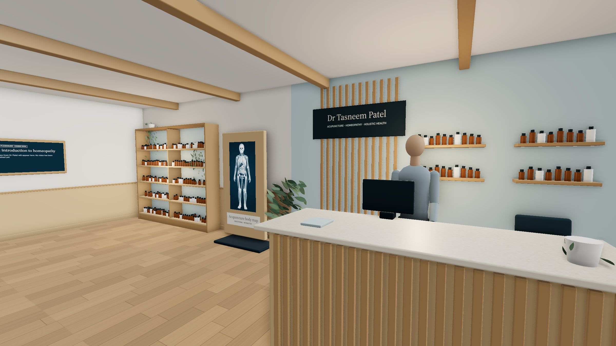 Rendered view of the virtual practice reception desk, with remedy shelves and the body-map station behind