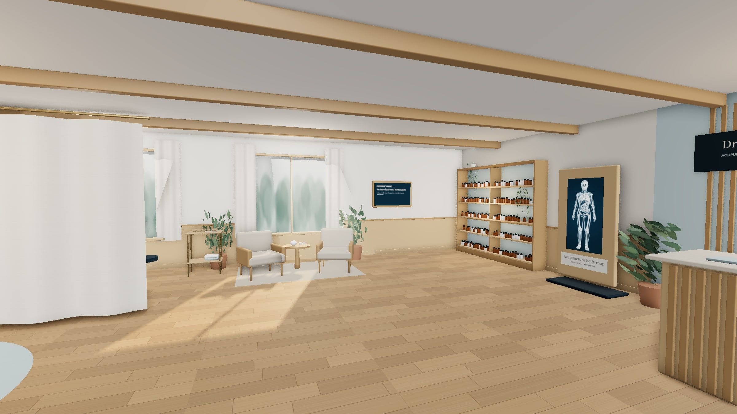 Rendered view inside the virtual practice: a sunlit lounge under the window, remedy shelves, the body-map station and the reception desk