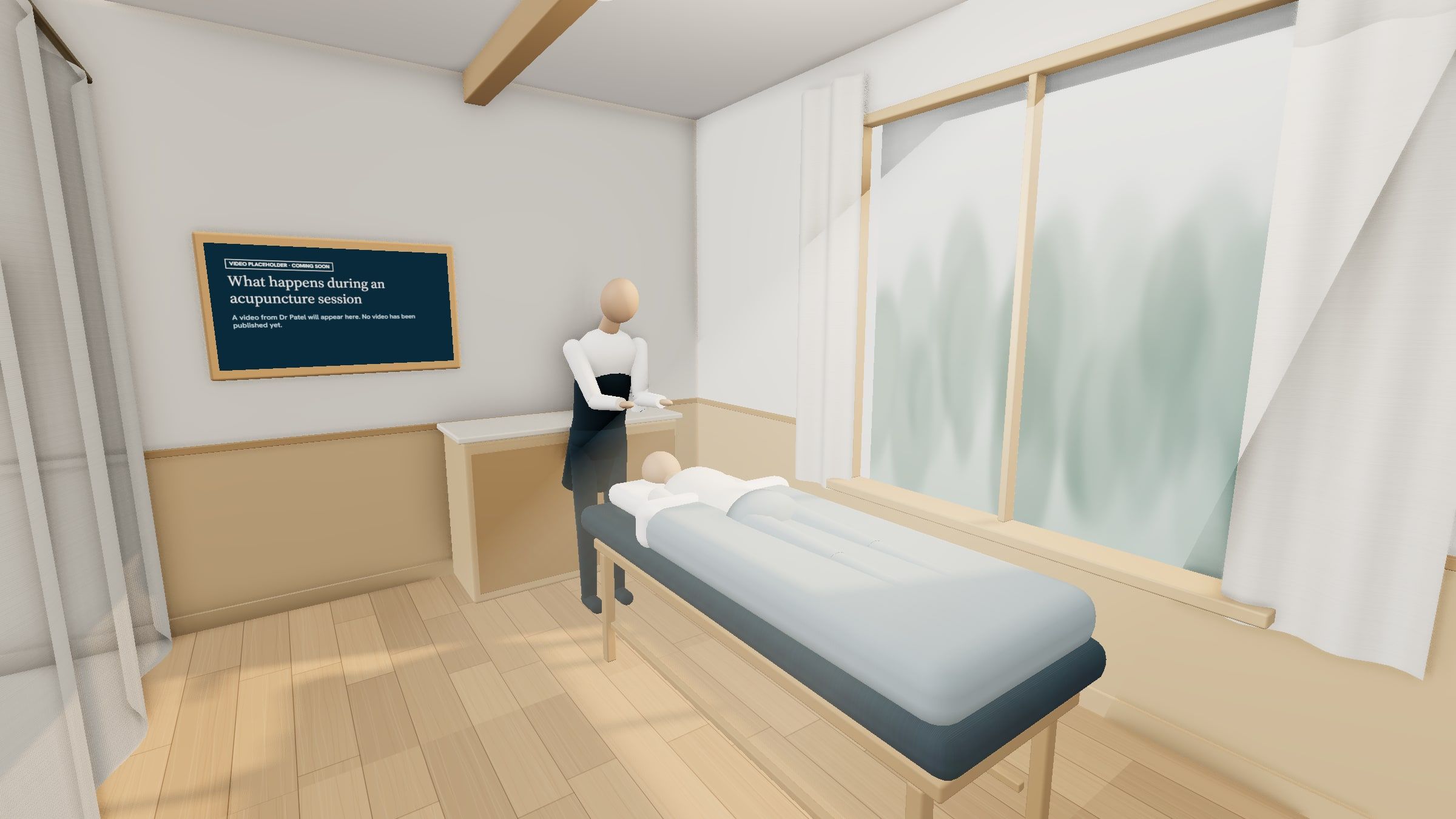 Rendered view of the treatment bay in the virtual practice, with a treatment bed by the window
